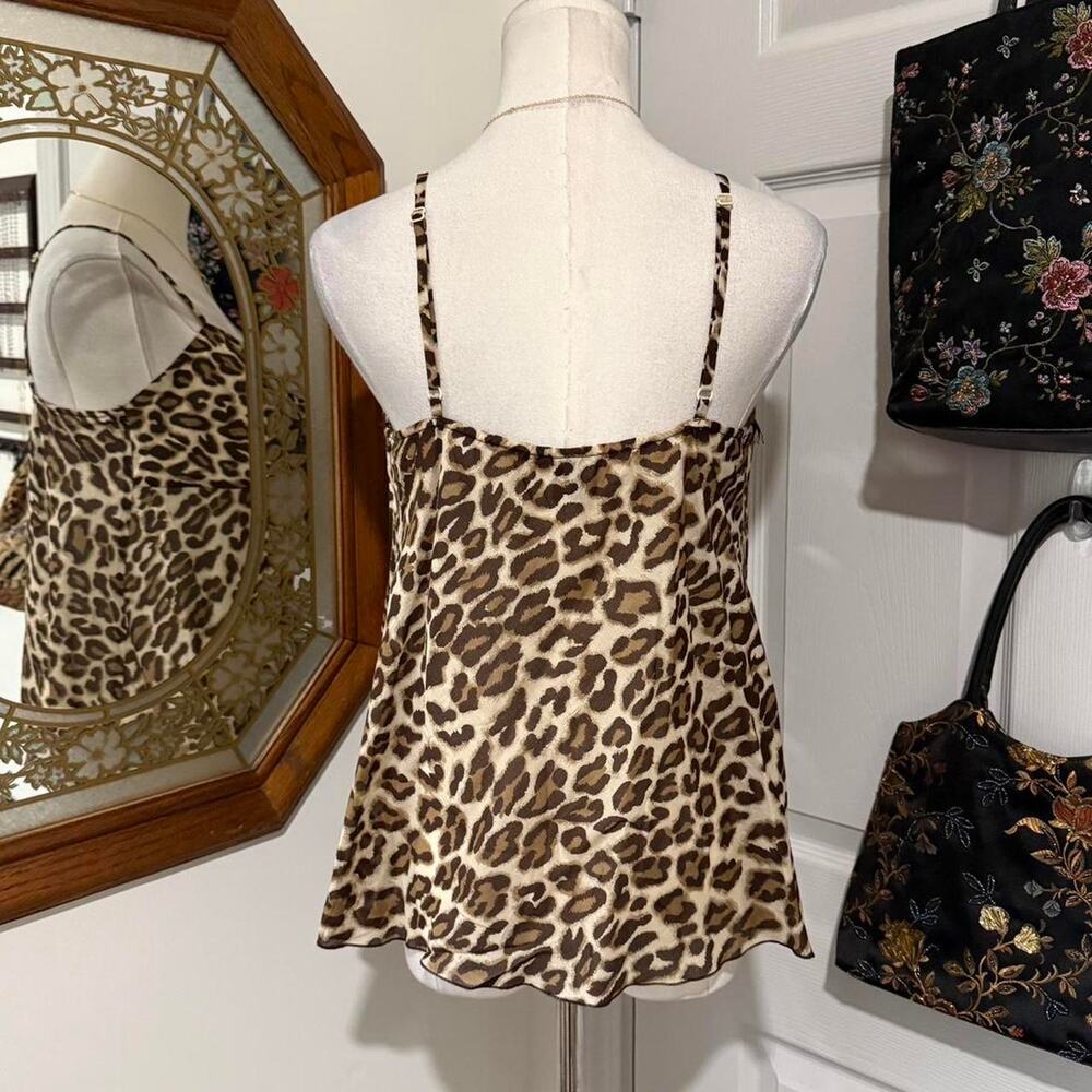 VTG Y2K Brown 100% Cotton Sheer Leopard Print Tie Front Lightweight Cami Top - Picture 5 of 8